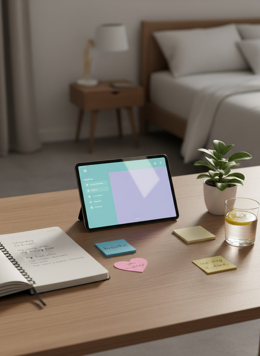 A neatly arranged wooden study desk covered with mental health resources designed for teens, including a sleek tablet displaying a calming teal-and-lavender wellness dashboard, open notebooks with handwritten coping strategies, and color-coded sticky notes with encouraging words like “breathe,” “you matter,” and “one step at a time.” A small, healthy plant in a white ceramic pot and a glass of water sit nearby. Soft morning daylight filters through an unseen window, creating gentle highlights on the tablet screen and desk grain. Photographic realism at eye level, with a shallow depth of field that blurs a tidy, modern bedroom in the background. The mood is hopeful, calm, and focused, reflecting a professional yet approachable mental health platform.