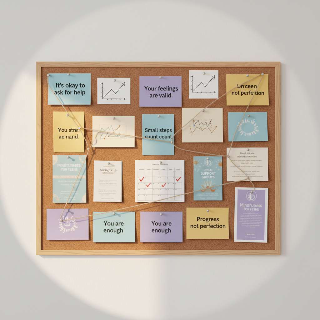 A bulletin board made of natural cork mounted on a clean white wall, covered with carefully pinned mental health reminder cards and resources for teens. Cards in soft blues, purples, and muted yellows contain printed messages like “It’s okay to ask for help,” “Your feelings are valid,” and “Small steps count,” alongside simple mood-tracking graphs and a calendar with checkmarks. Thin pieces of string connect certain notes, suggesting themes of education, encouragement, and community. Warm, indirect afternoon sunlight grazes the board from the side, adding gentle depth and casting delicate shadows from each pin. Photographic realism, shot straight-on with sharp focus and a slightly vignetted, calm atmosphere, reinforcing clarity, hope, and organization.
