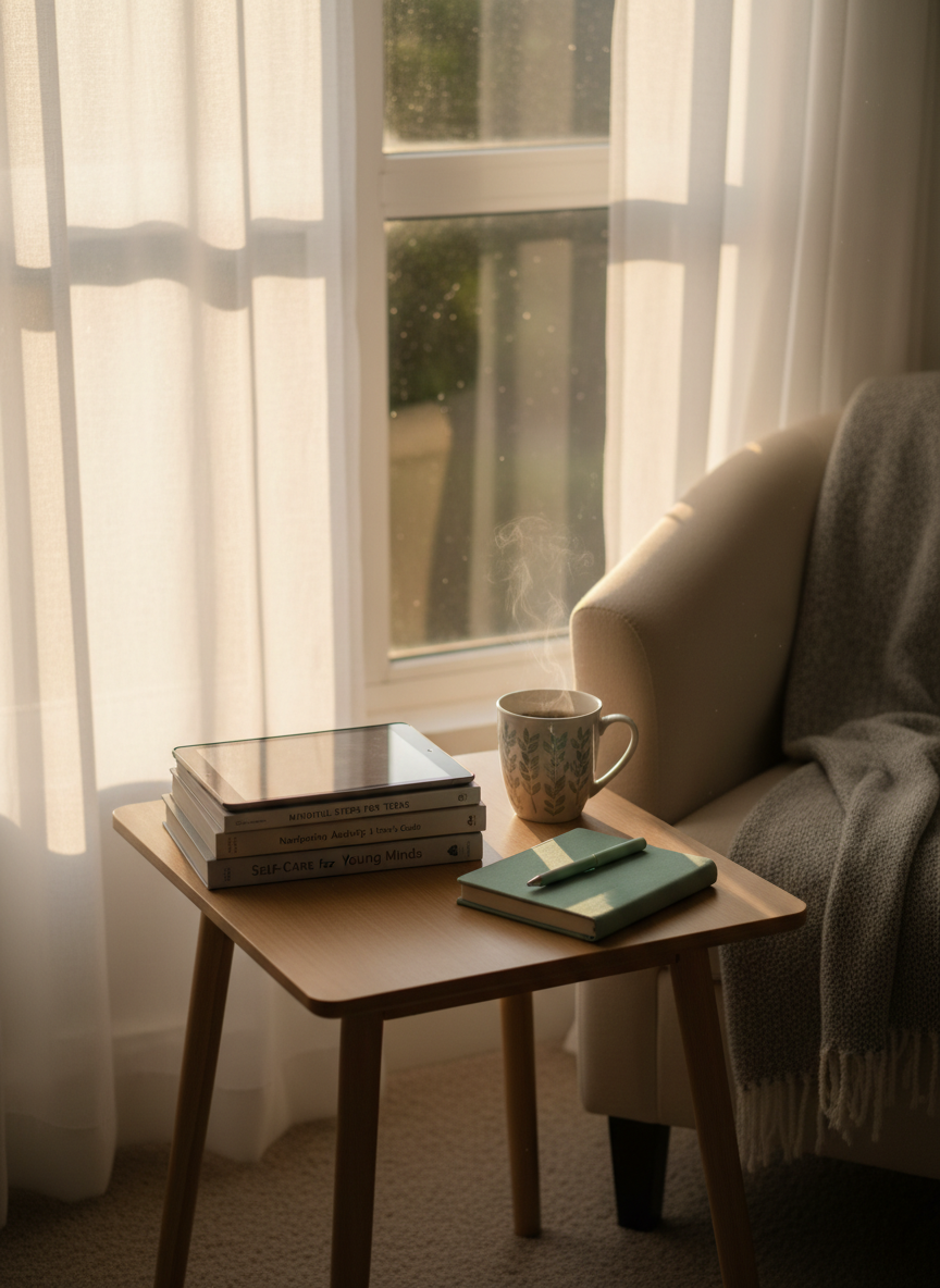 A small, cozy reading nook arranged next to a large window, featuring a low, light-wood side table topped with a stack of teen-focused mental health books, a closed tablet, and a soft, mint-green journal with a matching pen resting diagonally across it. Beside them, a ceramic mug filled with herbal tea releases a faint wisp of steam. Sheer white curtains diffuse late afternoon sunlight, bathing the scene in a warm, comforting glow and creating gentle shadows on the textured fabric of a neatly folded gray throw blanket. Photographic realism with a slightly elevated angle and shallow depth of field, blurring the outer edges of the nook. The atmosphere is serene, safe, and reflective, inviting private moments of learning and self-care.