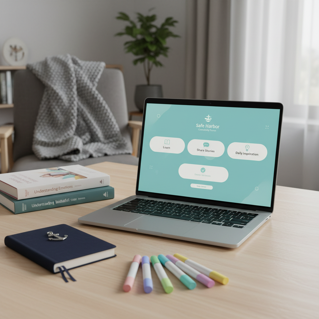 A modern laptop on a light birch table, its screen showing a clean, teal-accented interface of a teen mental health community forum with organized sections labeled “Learn,” “Share Stories,” and “Daily Inspiration.” Around the laptop are neatly stacked psychology books, a closed journal with a smooth navy cover, and a set of pastel highlighters. A soft gray blanket is draped over the back of a nearby chair, suggesting comfort and safety. Diffused overcast window light bathes the scene, creating soft shadows and a gentle, professional atmosphere. Photographic realism with an eye-level composition, sharp focus on the laptop and immediate objects, and a subtly blurred minimalist living room background, emphasizing connection, education, and support.